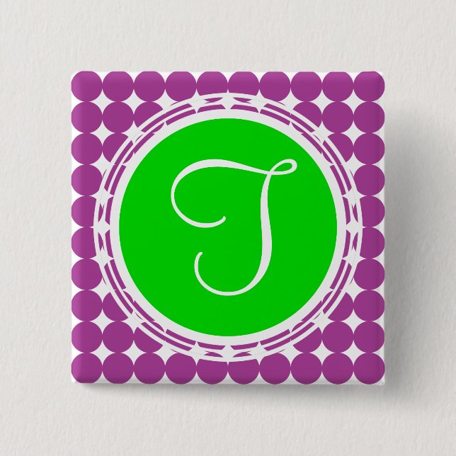 Green & Purple Polka Dot Monogram 15 Cm Square Badge (Front)