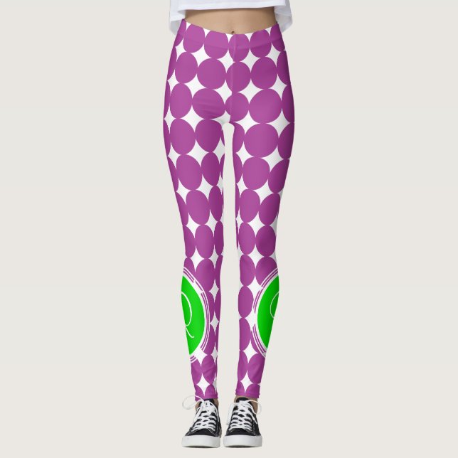 Green & Purple Polka Dot Monogram Leggings (Front)
