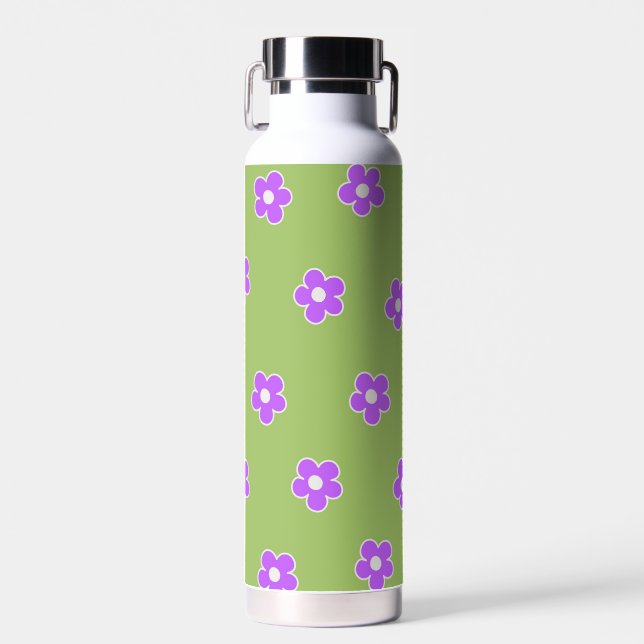 Green Purple Retro Y2K Flower Pattern Water Bottle (Front)