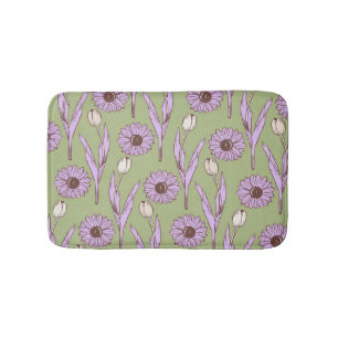 Green Purple Retro Y2K Funky Hippie Flower Pattern Bath Mat
