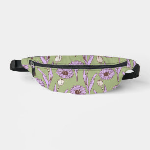 Green Purple Retro Y2K Funky Hippie Flower Pattern Bum Bags