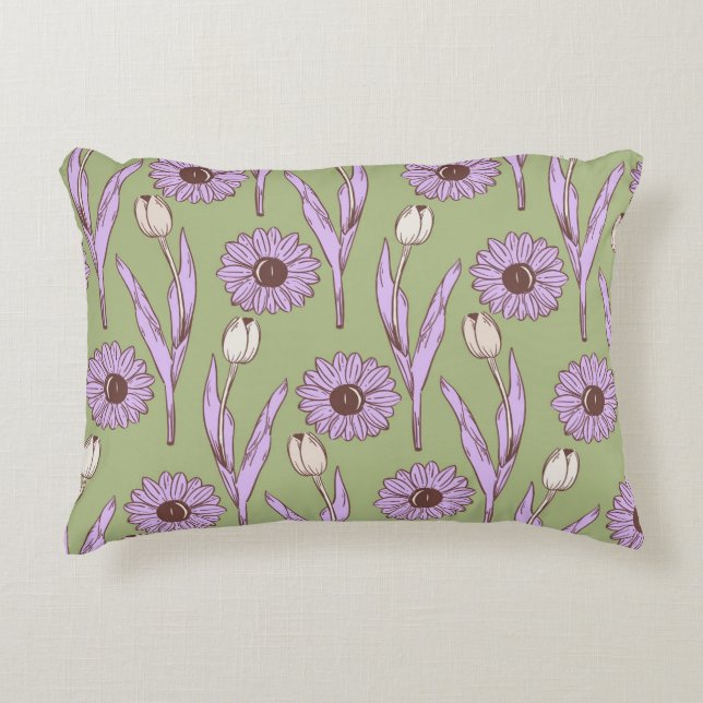 Green Purple Retro Y2K Funky Hippie Flower Pattern Decorative Cushion (Front)