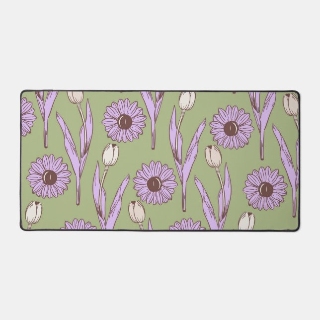 Green Purple Retro Y2K Funky Hippie Flower Pattern Desk Mat (Front)