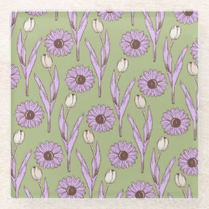 Green Purple Retro Y2K Funky Hippie Flower Pattern Glass Coaster