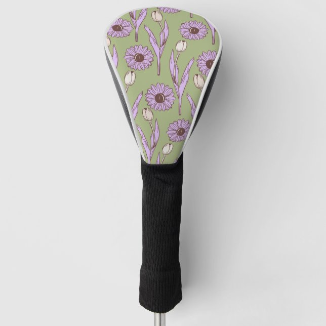 Green Purple Retro Y2K Funky Hippie Flower Pattern Golf Head Cover (Front)