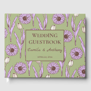 Green Purple Retro Y2K Funky Hippie Flower Pattern Guest Book