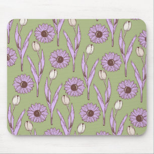 Green Purple Retro Y2K Funky Hippie Flower Pattern Mouse Mat