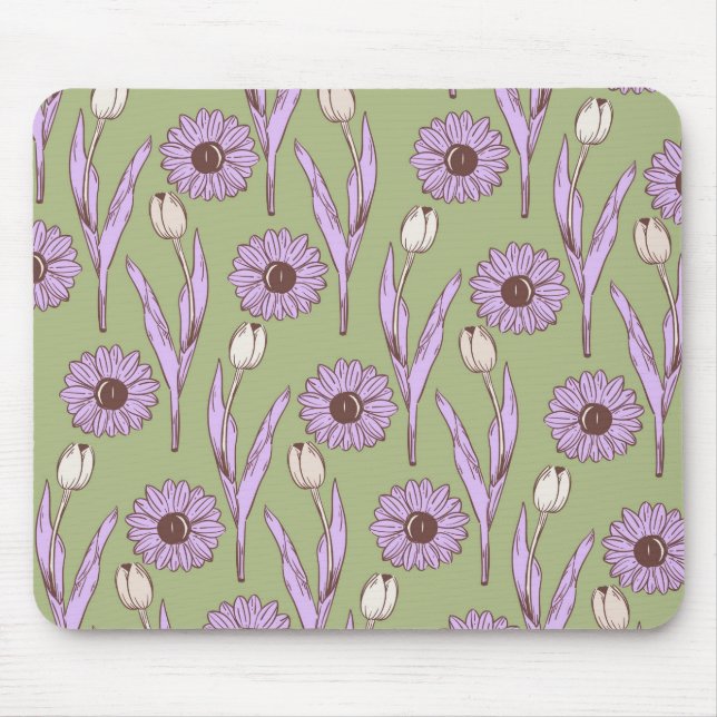 Green Purple Retro Y2K Funky Hippie Flower Pattern Mouse Mat (Front)