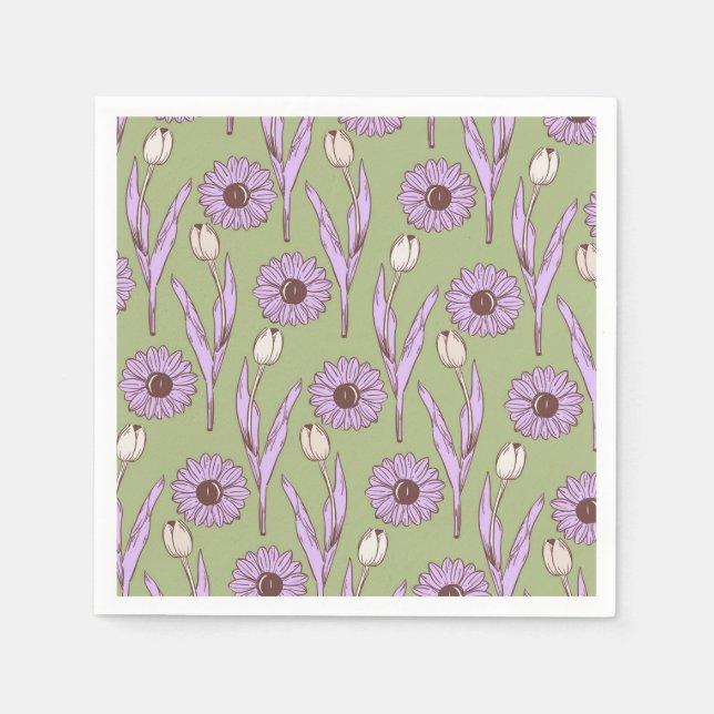 Green Purple Retro Y2K Funky Hippie Flower Pattern Napkin (Front)