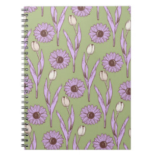 Green Purple Retro Y2K Funky Hippie Flower Pattern Notebook