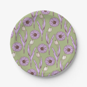 Green Purple Retro Y2K Funky Hippie Flower Pattern Paper Plate