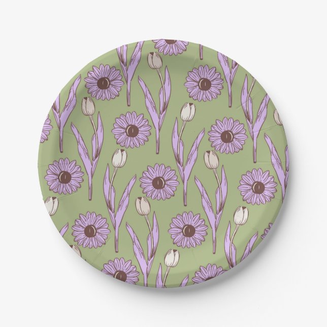 Green Purple Retro Y2K Funky Hippie Flower Pattern Paper Plate (Front)