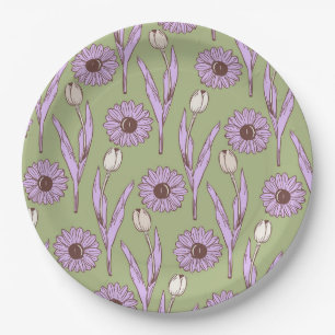 Green Purple Retro Y2K Funky Hippie Flower Pattern Paper Plate