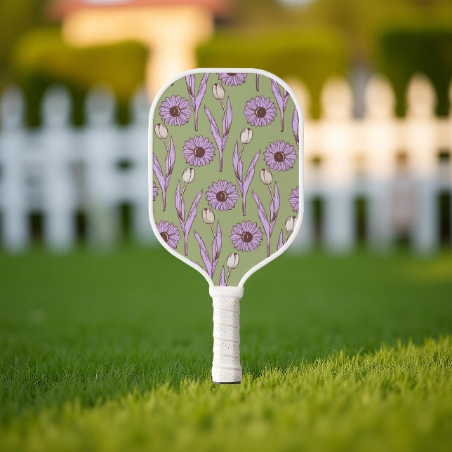 Green Purple Retro Y2K Funky Hippie Flower Pattern Pickleball Paddle (Creator Uploaded)