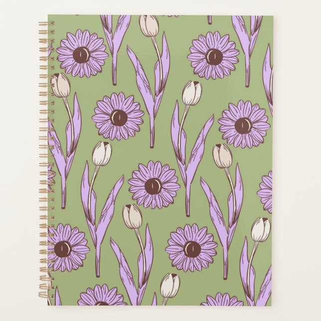Green Purple Retro Y2K Funky Hippie Flower Pattern Planner (Front)