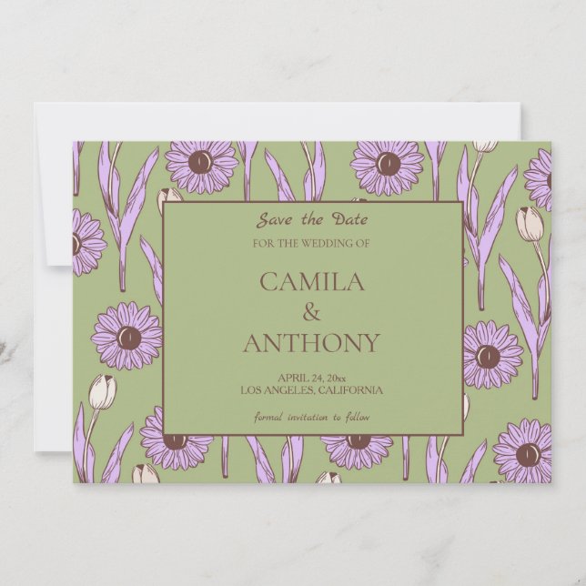 Green Purple Retro Y2K Funky Hippie Flower Pattern Save The Date (Front)