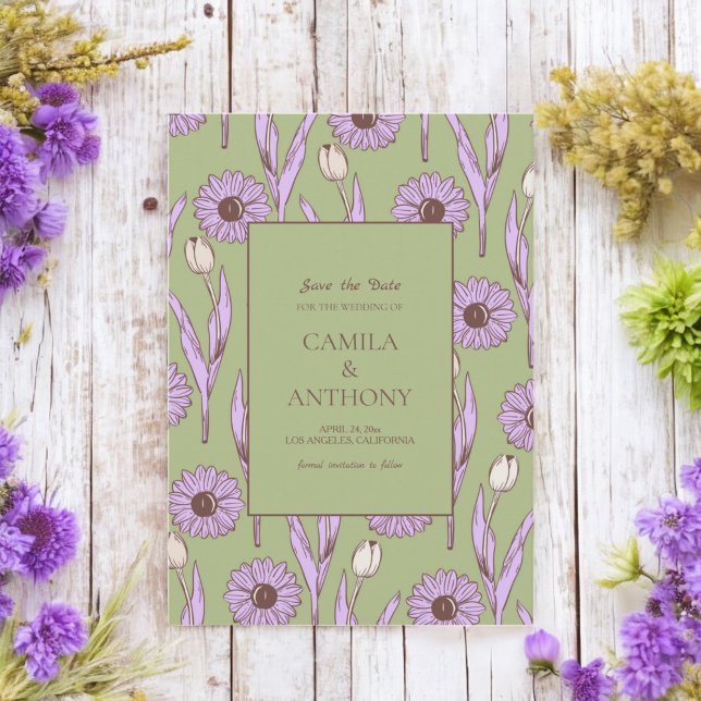 Green Purple Retro Y2K Funky Hippie Flower Pattern Save The Date (Creator Uploaded)