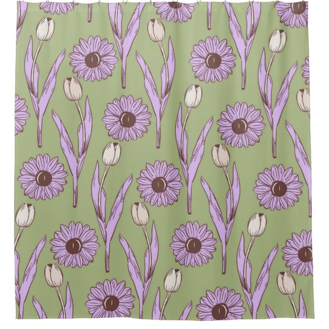 Green Purple Retro Y2K Funky Hippie Flower Pattern Shower Curtain (Front)