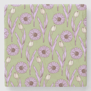 Green Purple Retro Y2K Funky Hippie Flower Pattern Stone Coaster