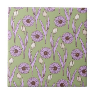 Green Purple Retro Y2K Funky Hippie Flower Pattern Tile