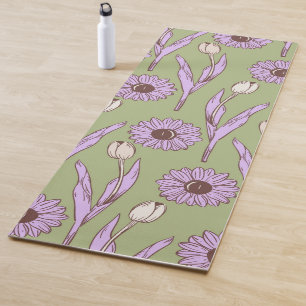 Green Purple Retro Y2K Funky Hippie Flower Pattern Yoga Mat