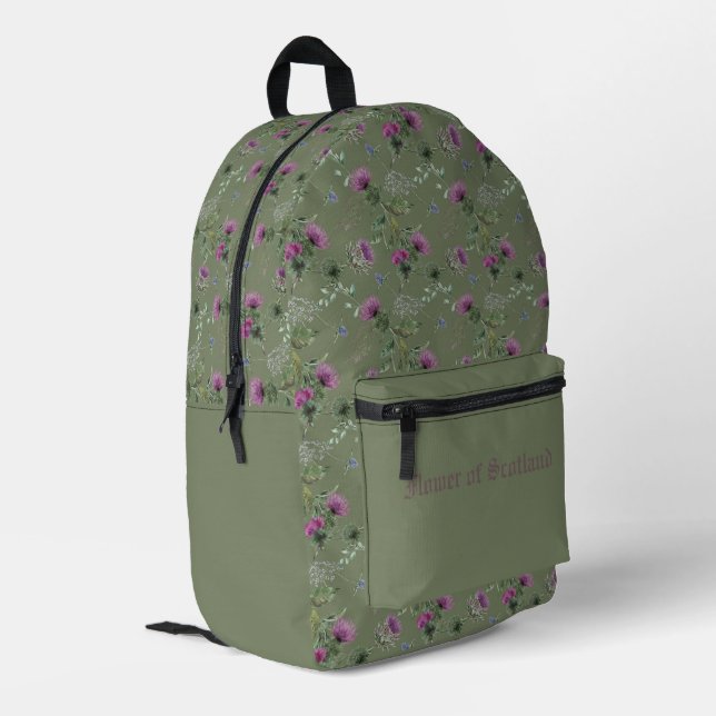 Green Purple Scottish Thistle Flower of Scotland Printed Backpack (Back Corner Left)