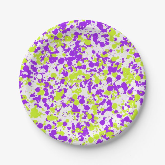 Green Purple Splattered Paint  Paper Plate (Front)