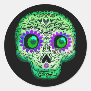 Green & Purple Sugar Skull Black Halloween Party Classic Round Sticker