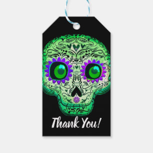 Green & Purple Sugar Skull Black Halloween Party Gift Tags