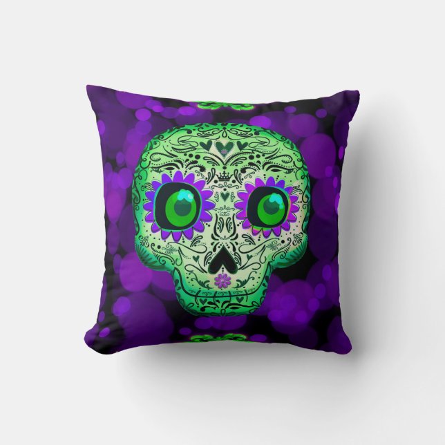 Green & Purple Sugar Skull Glowing Halloween Cushion (Front)