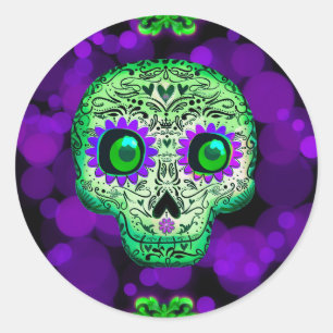 Green & Purple Sugar Skull Glowing Halloween Party Classic Round Sticker