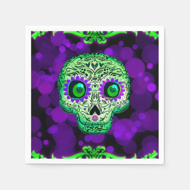 Green & Purple Sugar Skull Glowing Halloween Party Napkin (Front)