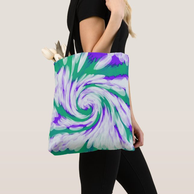 Green Purple Tie Dye Swirl Tote Bag (Close Up)
