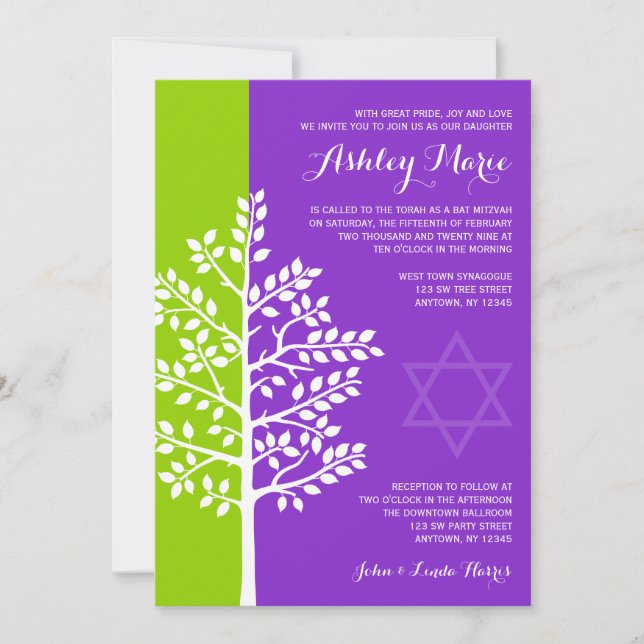 Green Purple Tree of Life Bat Mitzvah Invitation (Front)