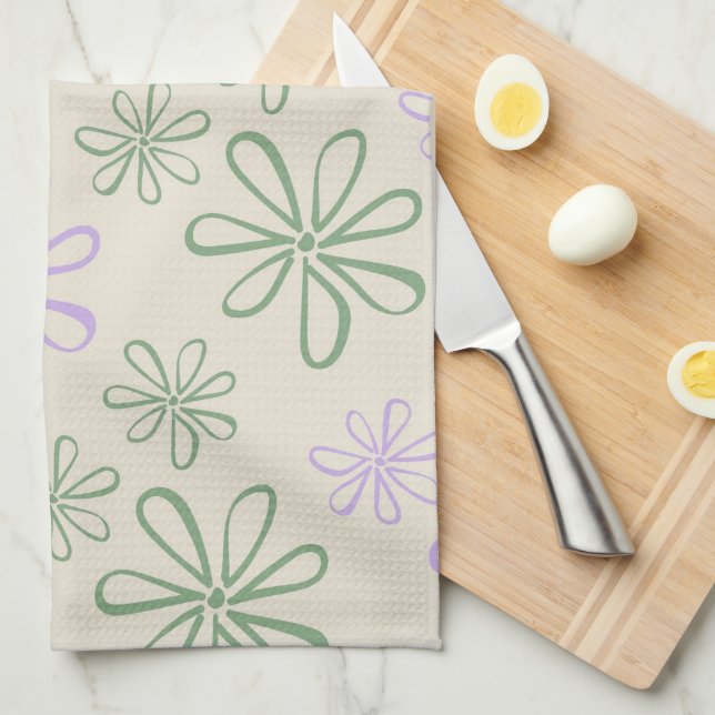 Green Purple Tropical Floral Botanical Summer Tea Towel (Quarter Fold)