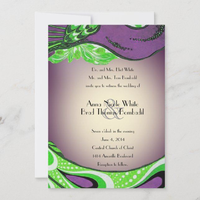 Green Purple Vintage Peacock Wedding Invitation (Front)