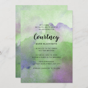 Green Purple Watercolor Bat Mitzvah Invitations