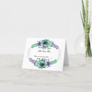 Green Purple Watercolor Floral Table Place Card