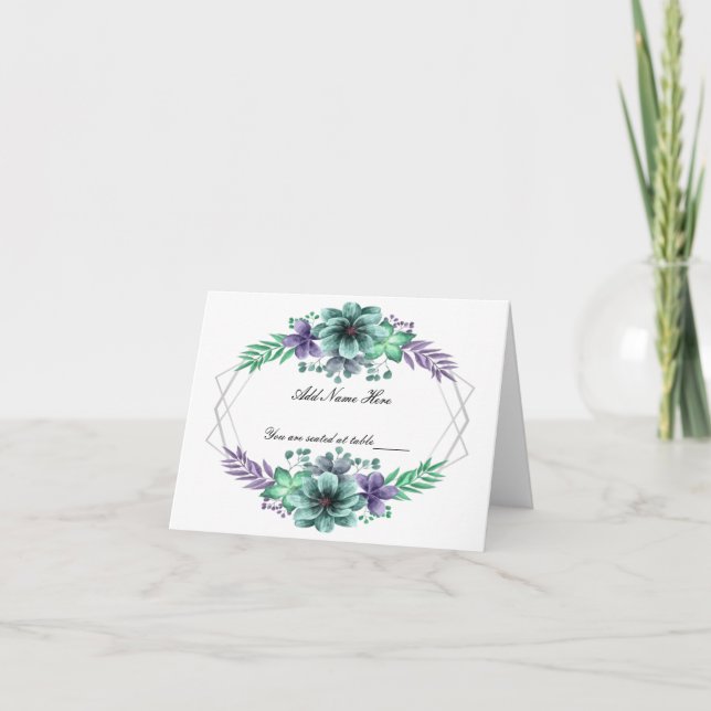 Green Purple Watercolor Floral Table Place Card (Front)