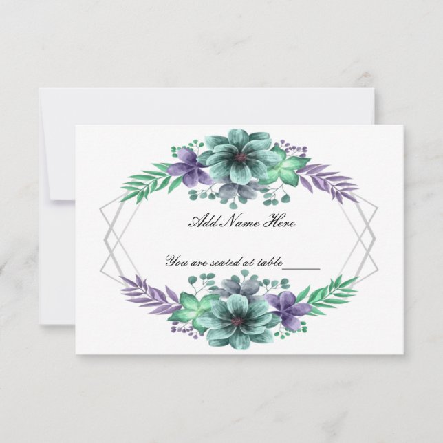 Green Purple Watercolor Floral Table Place Card (Front)