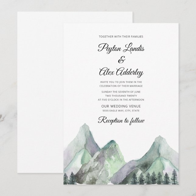 Green Purple Watercolor Mountains Wedding Invite (Front/Back)