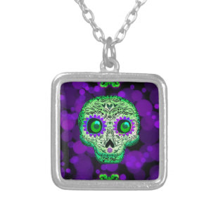 Green & Purple Whimsical Glowing Sugar Skull Silver Plated Necklace