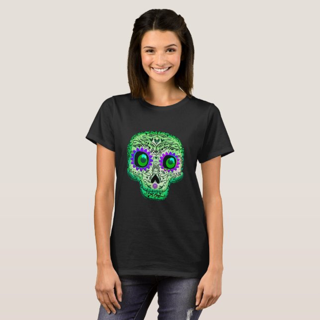 Green & Purple Whimsical Glowing Sugar Skull T-Shirt (Front Full)