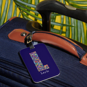 Green purple yellow floral Monogram Initial L blue Luggage Tag