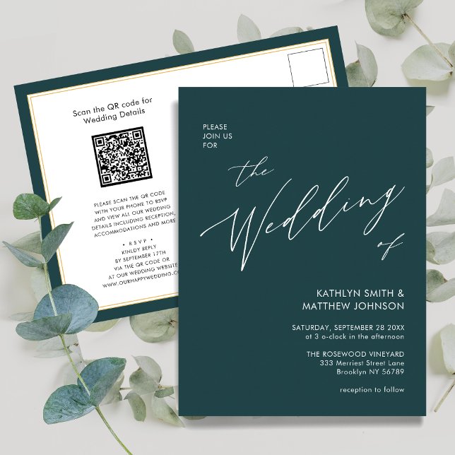 Green QR Code All In One Modern Script Wedding Invitation Postcard (Creator Uploaded)