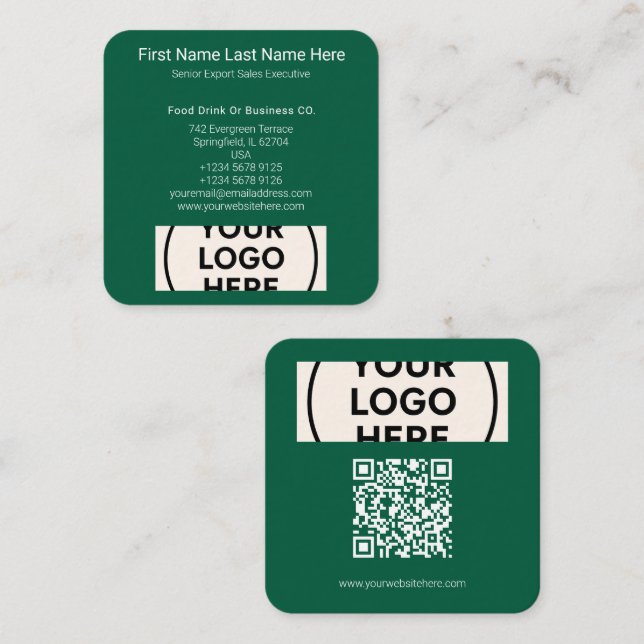 Green QR Code Logo Square Professional Modern Eco Square Business Card (Front/Back)
