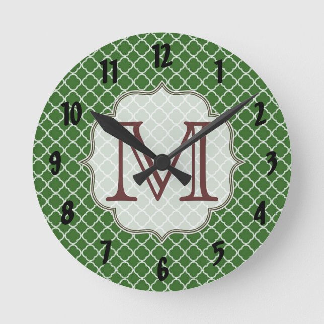 Green Quarterfoil Latti Monogram Wall Clock (Front)