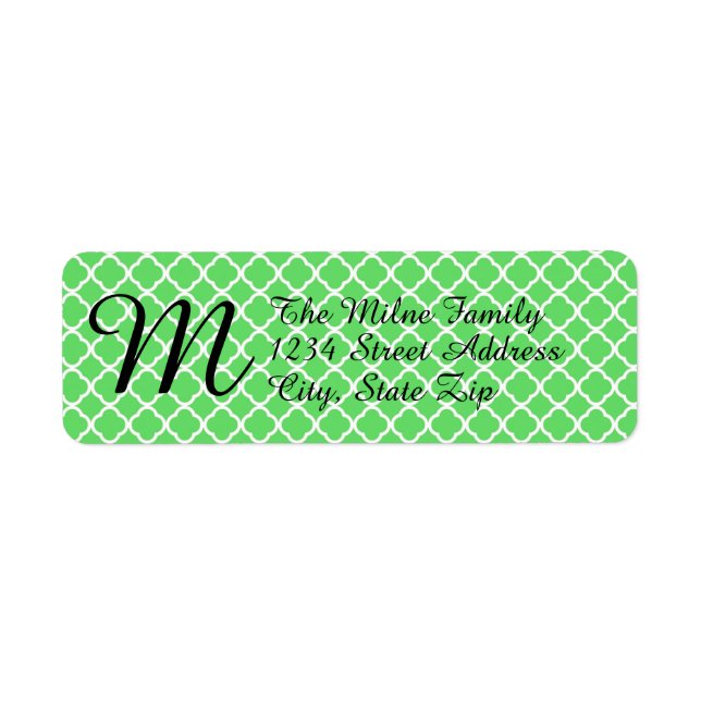 Green Quatrefoil Monogram- Return Address Labels (Front)