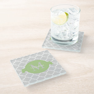 Green Quatrefoil Personalised Glass Coaster