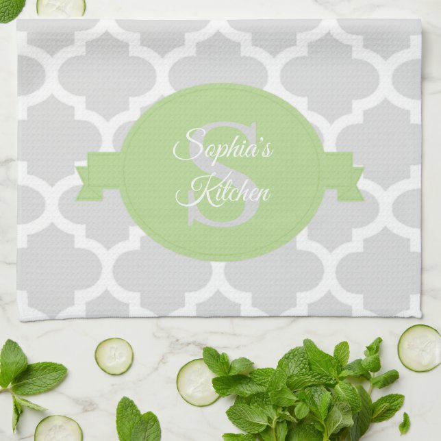 Green Quatrefoil Personalised Kitchen Towel (Folded)